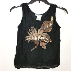 Donna Mizar Women Linen‎ Blend Top Blouse Sz S Black Embellished Tank Summer